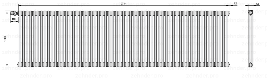Схема (чертеж) Радиатор Zehnder Charleston 2180/59 №V012 Technoline TL